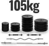 GoodVibes - Complete Dumbbell + Barbell set - Totaal gewicht 105 kg - Rechte Halterstang 165 cm - SZ Curlstang - 2 Dumbbells - Gewichtsschijven