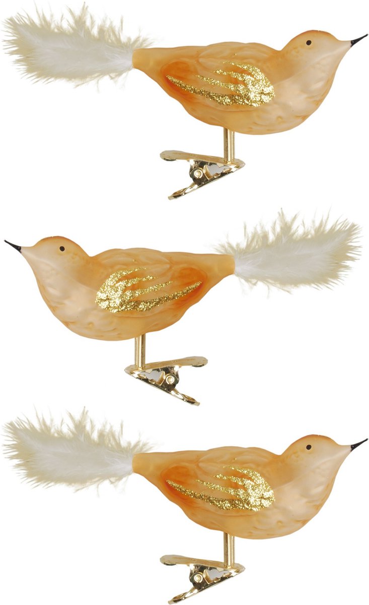 Krebs Decoratie vogels - 3x - goud - 11 cm - op clip - glas - kerstboomversiering Goudkleurig