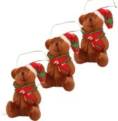 3x stuks kersthangers knuffelbeertjes bruin met rode sjaal en muts 7 cm