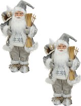 2x stuks kerstman decoratie pop/kerstpop beelden staand grijs/zilver 46 cm - Kerstversiering beelden/poppen - Kerstmannenpoppen