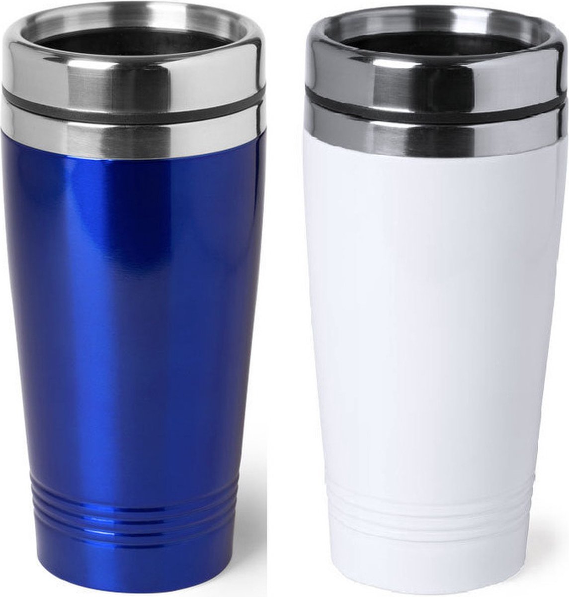 Set van 2x stuks Warmhoudbekers/warm houd bekers metallic wit en blauw 450 ml