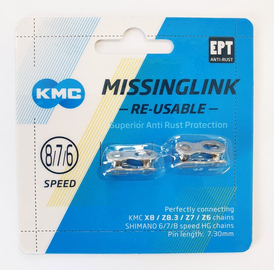 KMC Missing Link 8/7/6 speed schakelverbinder in EPT anti-roest verpakking met KMC logo.