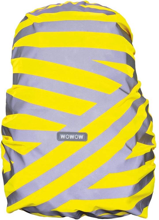 Grijze en gele gestreepte rugzakhoes met 'WOWOW' logo.
