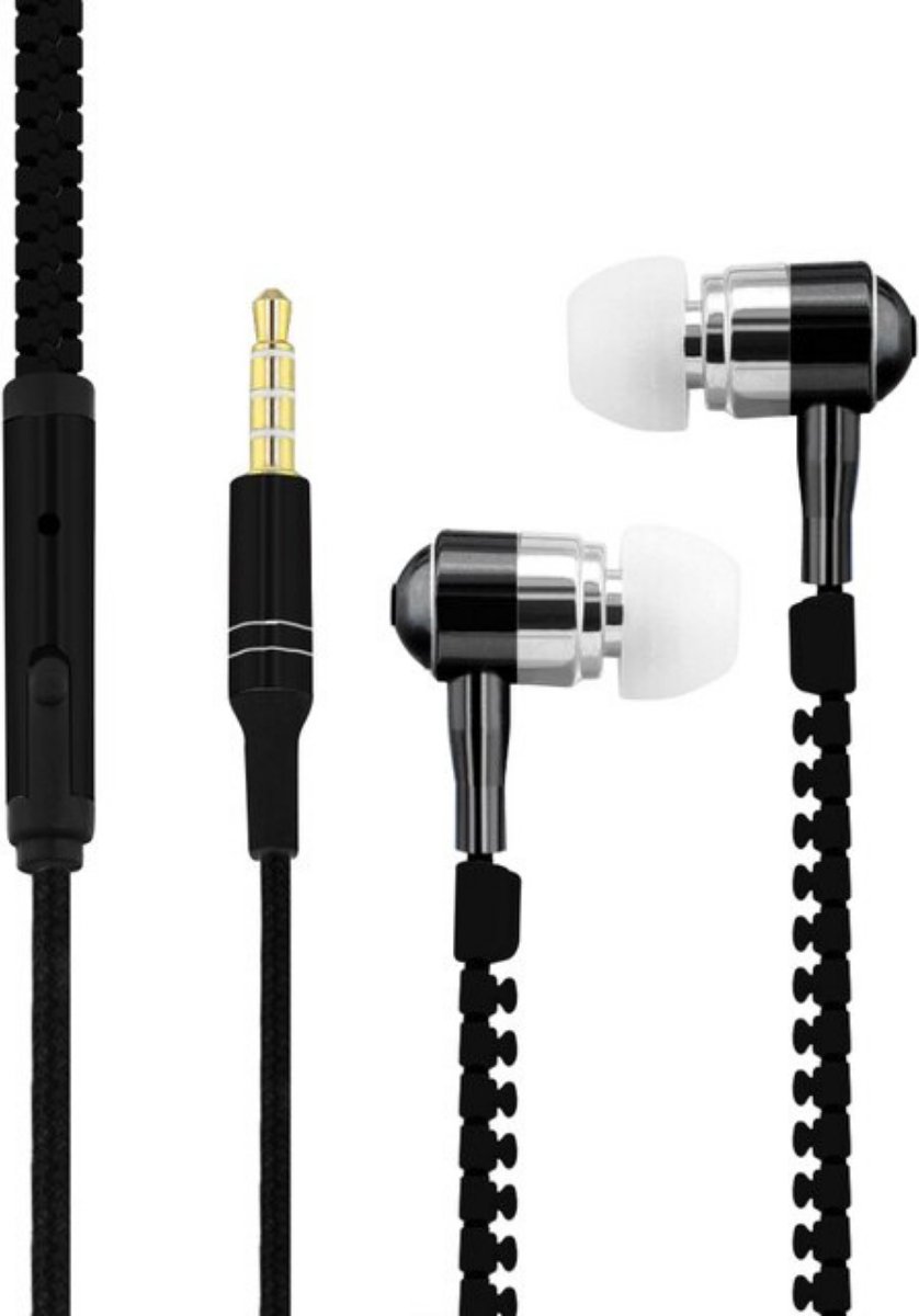 Koptelefoon met ritssluiting - Basmonitor - Metalen in-ear Hoofdtelefoons met microfoon voor MP3, mobiele telefoons en pc - Zwart