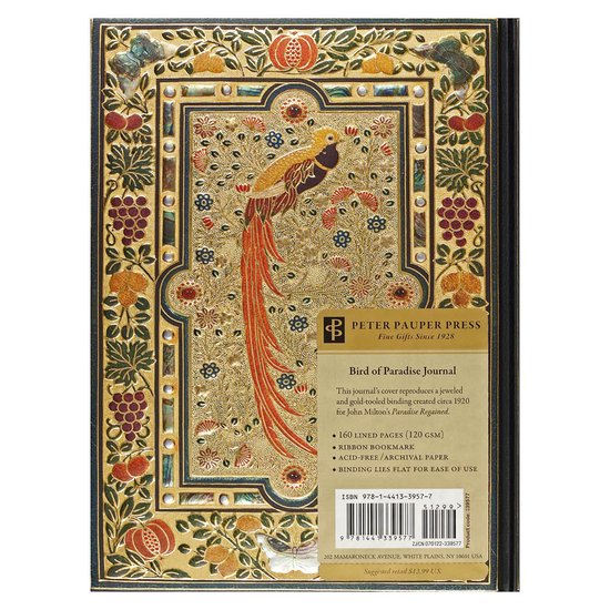 Gouden notitieboek met 'Bird of Paradise' motief en productinformatie op de achterzijde.