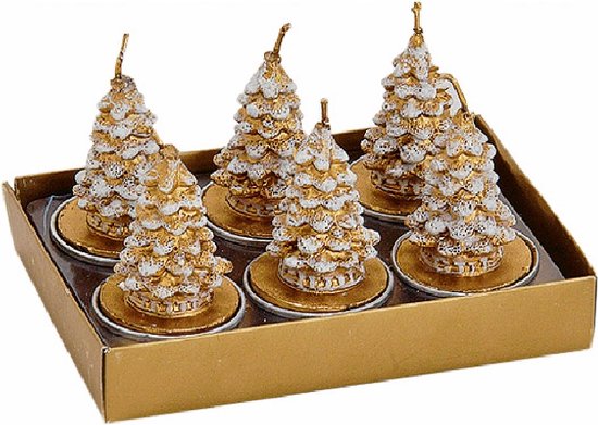 Gouden Kerstboom Waxinelichtjes met Sneeuw - set van 6 kerstkaarsjes