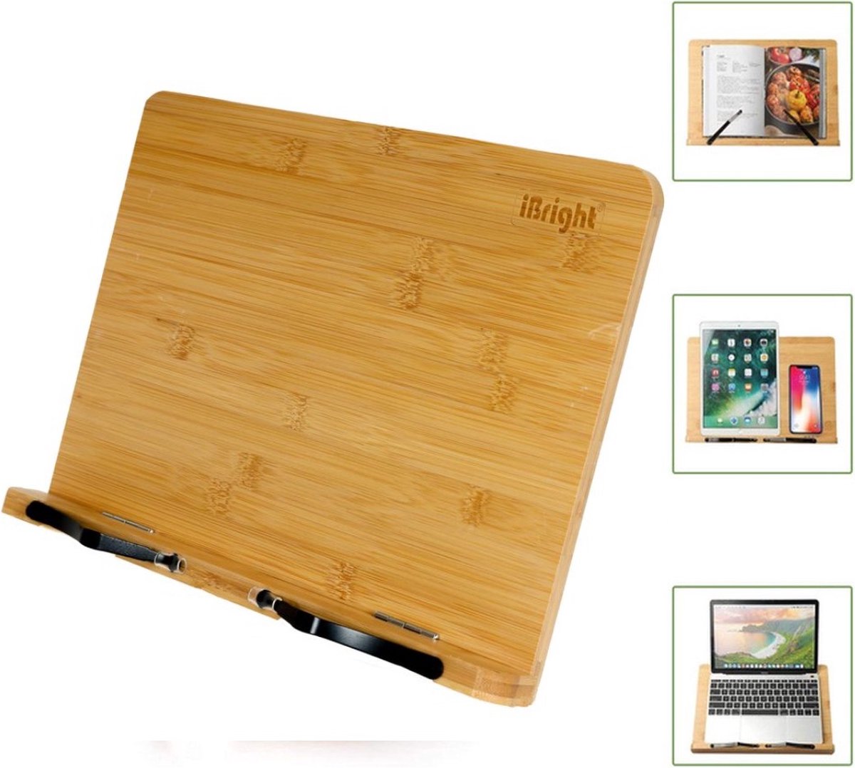 iBright houten Bamboe boekenstandaard - Boekenhouder - iPad Standaard/Tablet Standaard - 34x24 CM