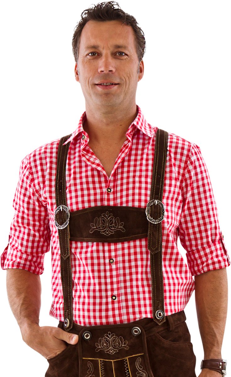 Haus Huberts Oktoberfest Overhemd Heren - Blouse - Rood-Wit - Katoen Mix - Maat XL