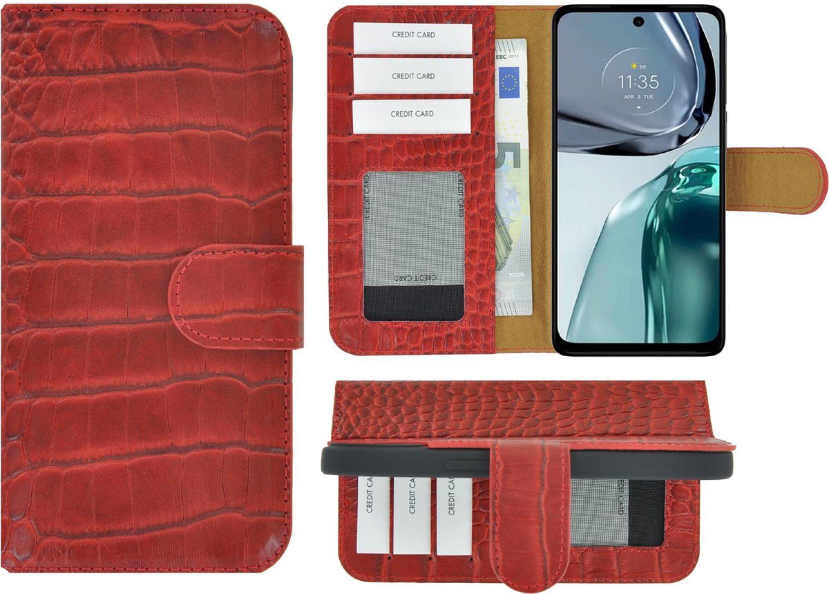 MoDo hoesje Geschikt voor Motorola Moto G62 5G - Leer Book Case - Croco rood