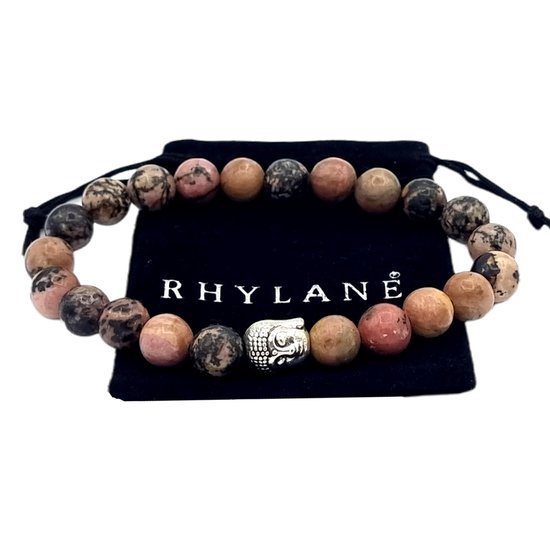 Rhylane - Kralen Armband - Rhodoniet Natuursteen Roze Zwart - Buddha Bedel - 20 cm