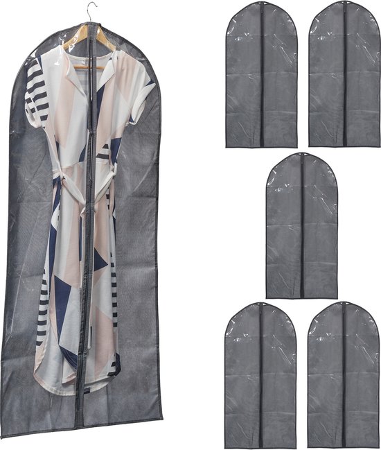 Relaxdays kledinghoes set van 6 - 135 x 60 cm - kledingtassen - met rits - vlies/pvc