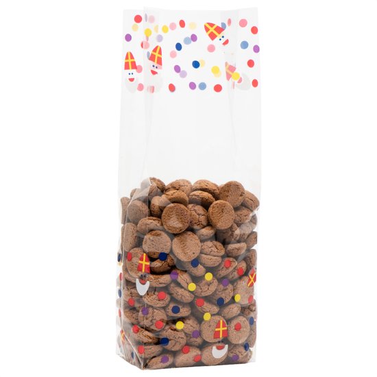 Transparant blokbodemzakje gevuld met kruidnoten. Het zakje is bedrukt met Sinterklaas confetti, Sint-gezichtjes en strooigoed patronen.