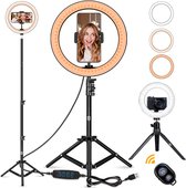 Studio ME  - Zwarte XL Ringlamp - 26cm/ 10 inch - Verstelbaar statief - smartphone houder - GRATIS mini tripod t.w.v. €19,95 - Max 160 cm hoog - USB Bureau Ringlight - Bluetooth - Afstandsbediening - 2 tripods - Voor Haar - Halloween - Suprise