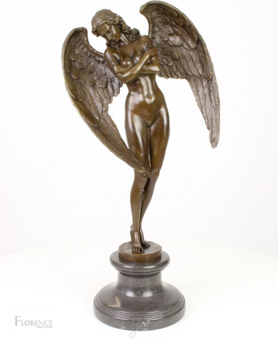 Godin van de nacht, Bronzen sculptuur op marmer sokkel, Vrouw met vleugels, Mythologie kunst
