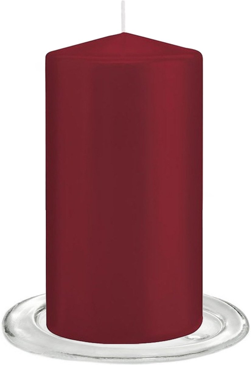 Trend Candles - Stompkaarsen met glazen onderzetters set van 2x stuks bordeaux rood 8 x 15 cm