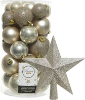 Decoris kerstballen 30x stuks - licht champagne 4/5/6 cm kunststof mat/glans/glitter mix en kunststof piek 19 cm