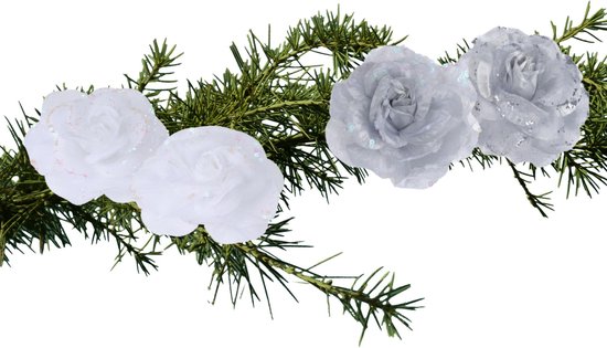 Kerst decoratie bloemen - set van 4x stuks - wit en zilver - 9cm