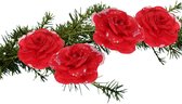 Kerstboom bloemen op clip - 4x stuks - rood - kunststof - 9 cm