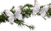 Kerstboom vlinders op clip - 15,5 cm - wit - 2x stuks - kunststof