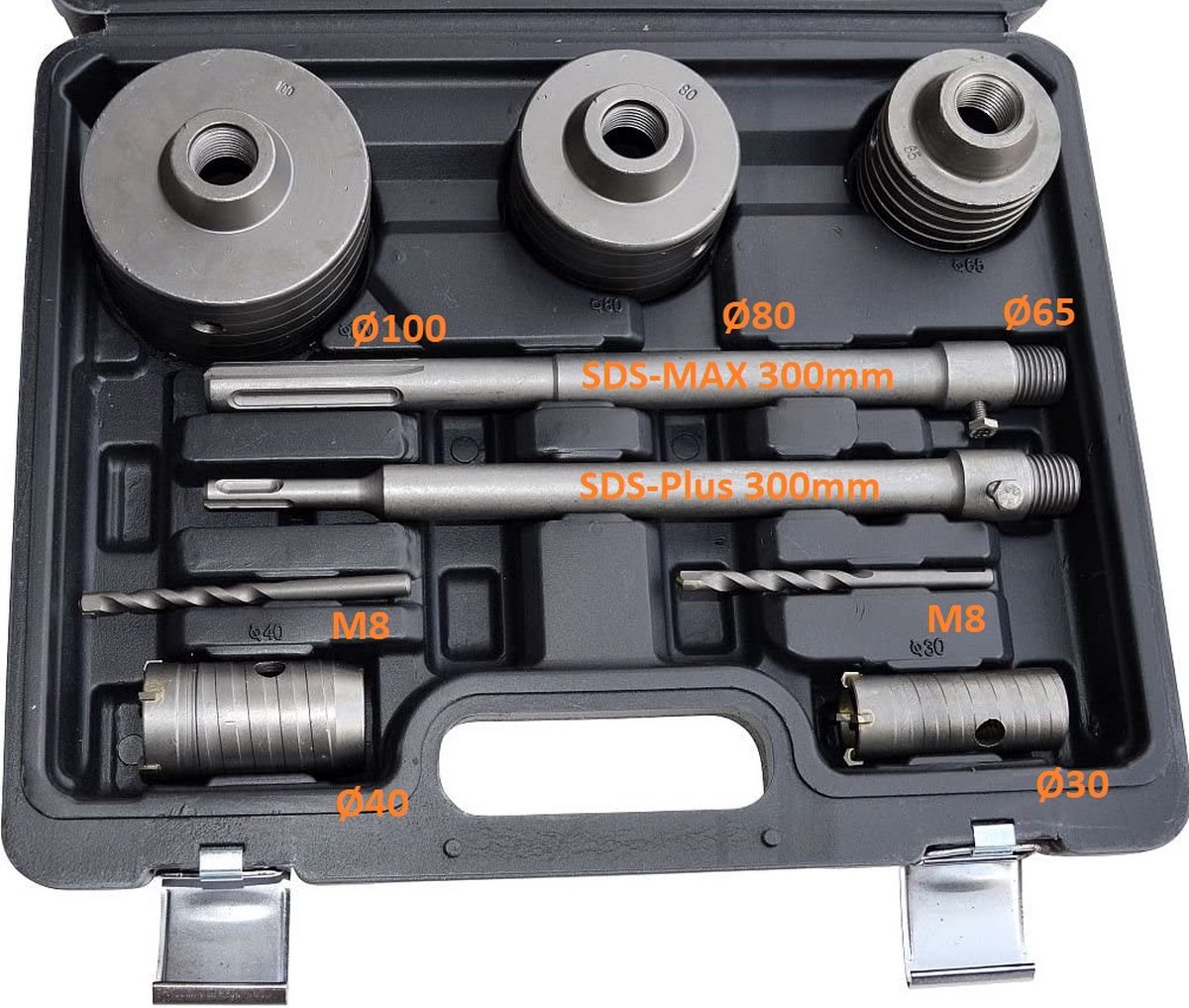 SDS-PLus & SDS-Max boorkronenset dia Ø 30mm / 40mm / 65mm / 80mm / 100mm Gatenboor, betonboor, kernboor, diamantboor, dozenboor, booropzetstuk / SDS Plus & Max adapter gatzagen boren met 2 vergrendelingsschroeven en 2 geleidingsboren M8
