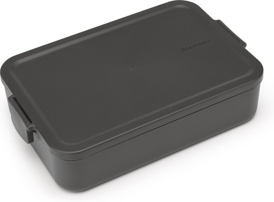Gesloten donkergrijze bento lunchbox met kliksluitingen aan de zijkant.