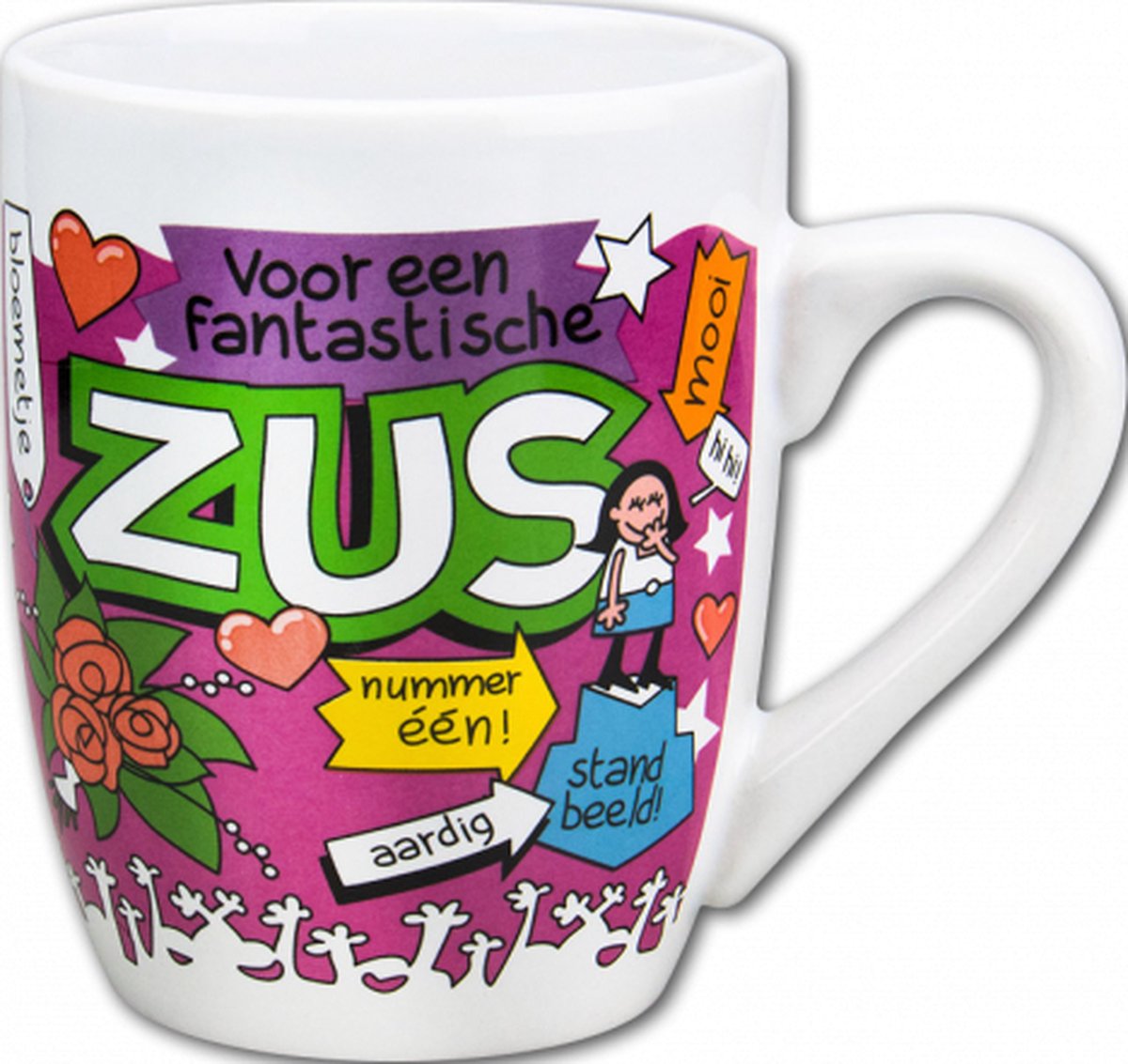 Verjaardag - Cartoon Mok - Voor een fantastische Zus -  In cadeauverpakking met gekleurd lint