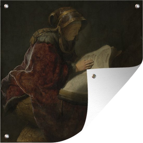 Affiche de jardin - Vieille femme lisant la prophétesse Hanna - peinture de Rembrandt van Rijn - 50x50 cm