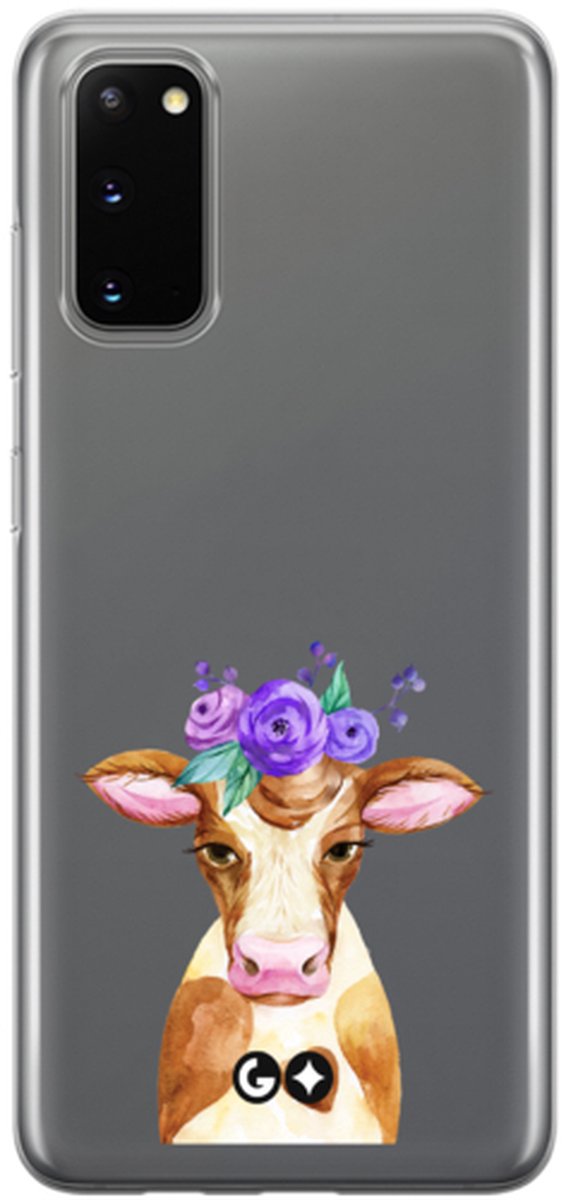 Telefoonhoesje geschikt voor Samsung Galaxy S20 - Transparant Siliconenhoesje - Flexibel en schokabsorberend - Dierencollectie - Floral Cows - Paars