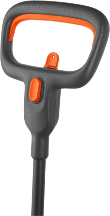 Close-up van de oranje en grijze ergonomische handgreep van een grasmaaier.