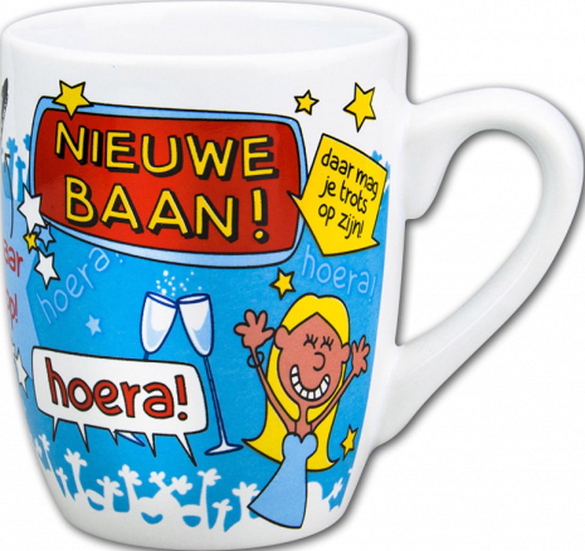 Mok - Cartoon Mok - Nieuwe baan - Gevuld met een toffeemix - In cadeauverpakking met gekleurd krullint