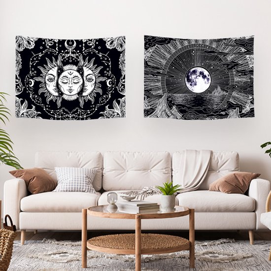 Decoratie Versiering - Ulticool Wandkleed Set van 2 – Maan Sterrenhemel Natuur Bohemian – Met Bevestigingspinnen - voor Binnen - Wandtapijt Posters Wanddoek Tarot Kaarten Heks Boho Zwart Aesthetic Room Decor - Idee Tiener Meisje