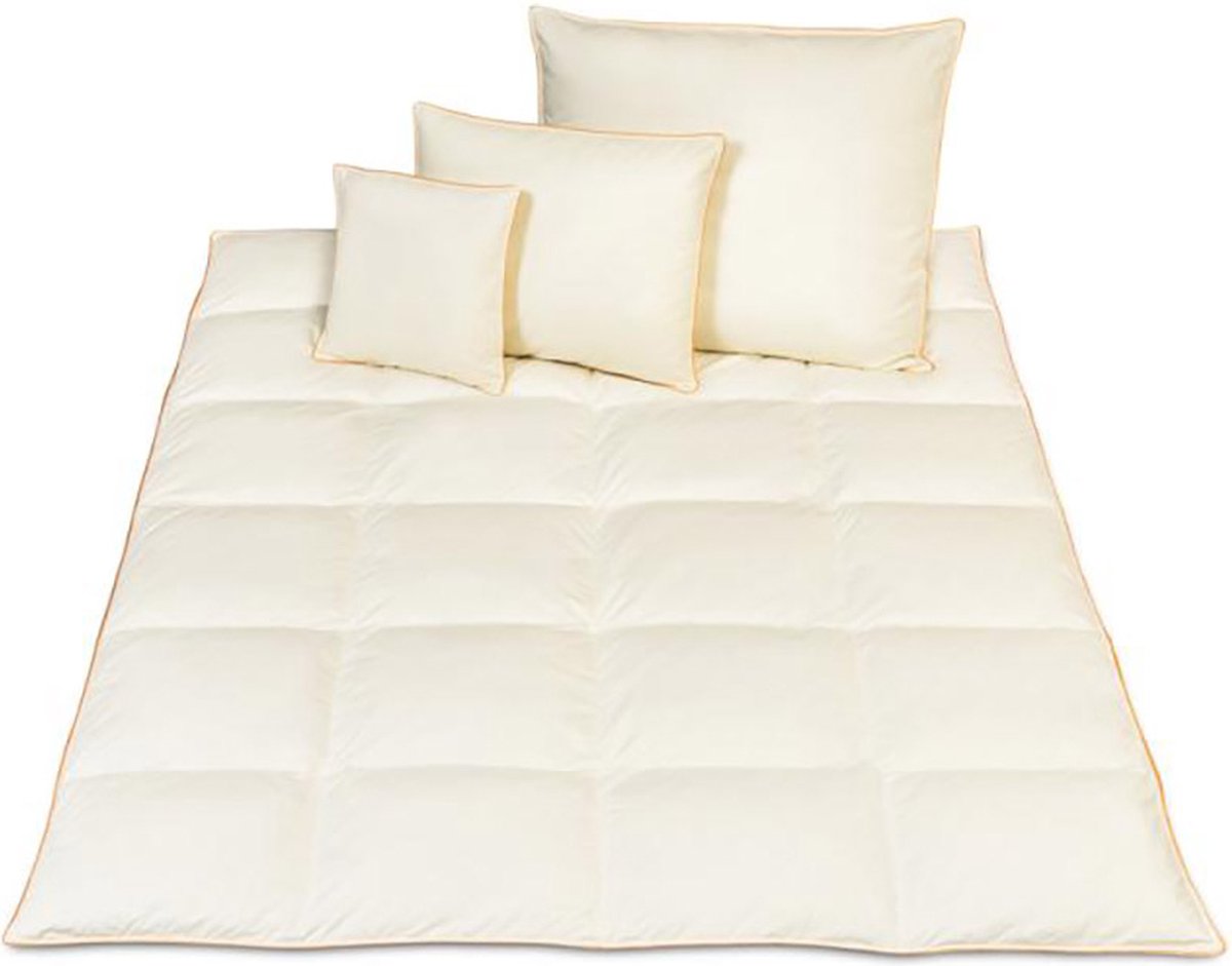 Donzen Dekbed – 160x200cm – 2.5kg Vulling 1-Persoons Ganzendons Dekbed – 100% Katoenen Tijk - Satijnen Bies – Kleur Crème –Herfst/Winter Seizoen + Kussens 70x80cm + 50x60cm + 40x40cm