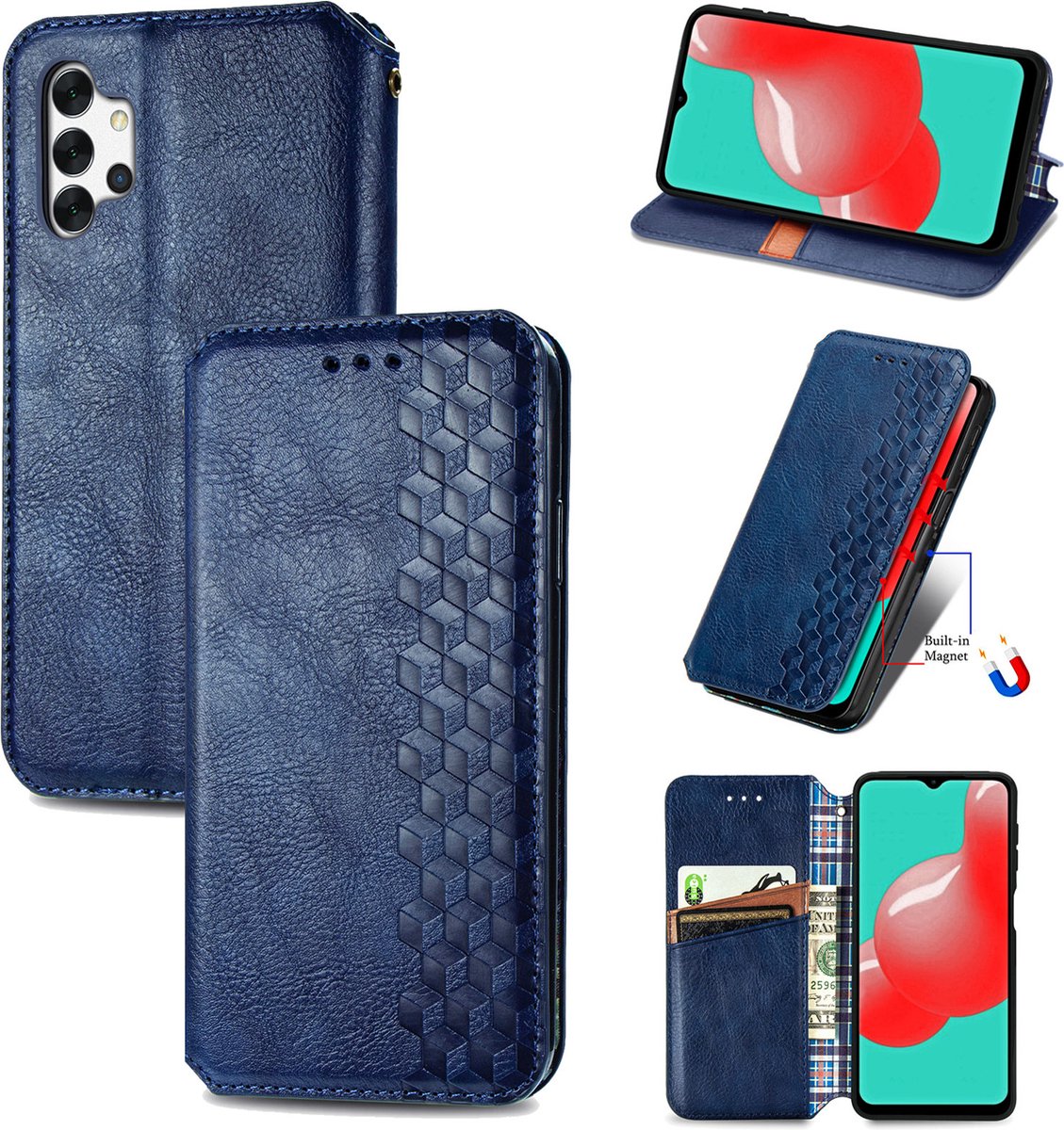 Luxe PU Lederen Ruitpatroon Wallet Case + PMMA Screenprotector voor Galaxy A32 4G _ Blauw