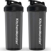 KitchenMonster® Shakebeker Bidon 700 ml - Set van 2 stuks - Shaker inclusief Mixfilter - Proteïne Shaker Zwart