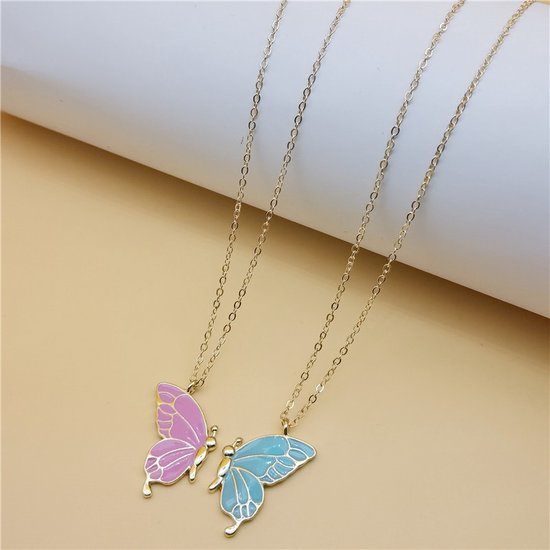 Collier Bixorp Friends BFF pour 2 avec papillons - Rose et Blauw sur cordon doré - Cadeau pour Cheveux / femme / petite amie / Maman / femme - Best Friends pour deux