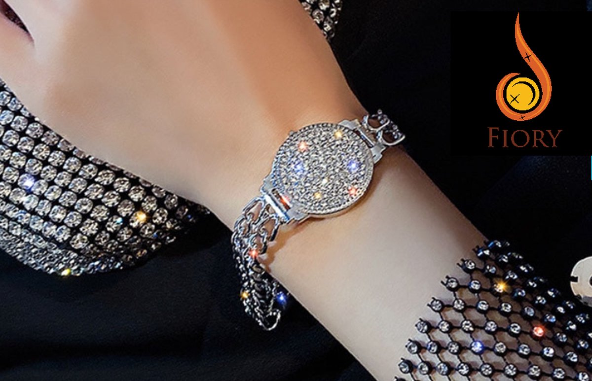 Fiory Armband Strass Steentjes| Dubbele ketting armband| Embleem full strass steentjes| 18 cm lang| zilver
