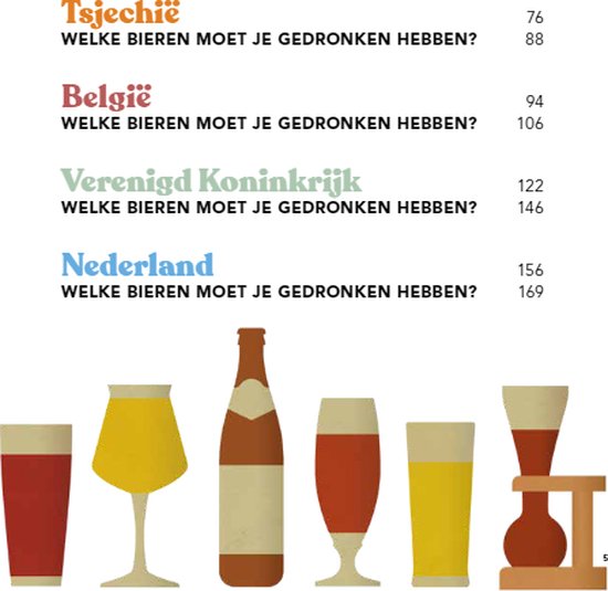 Inhoudsopgave: Tsjechië, België, Verenigd Koninkrijk, Nederland, Welke bieren moet je gedronken hebben? Met illustraties van bierglazen, een fles en een karaf.