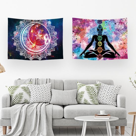 Ulticool – Wandkleed - Chakra Healing Aura Spiritualiteit Mandala – Set van 2 designs - 73 cm x 95 cm – Schilderij Wandtapijt Stof – Poster Art – Wit Paars Blauw