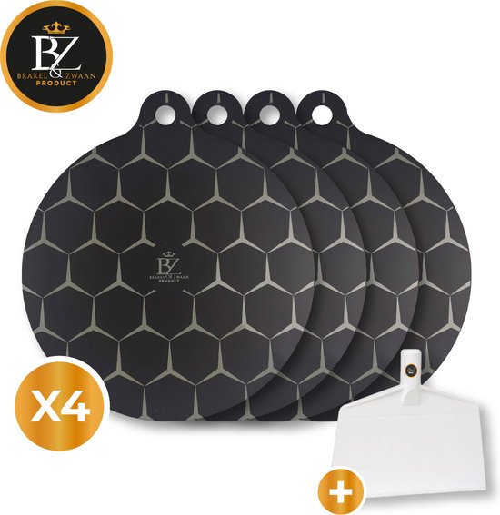 Brakel & Zwaan® 4x Inductie mat marmer met Kookplaat Schraper – Inductie matjes rond – Panbeschermers – Inductie beschermer – Kookplaat beschermer - Afdekplaat inductie – Afdekplaat voor kookplaat - Induction mate - Zwart Marmer