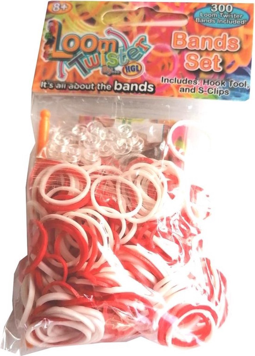 Loom Bandjes - Mix - Rood - Wit - 300 stuks - Loombandjes - Loomelastiekjes - Elastiekjes - Inlcusief S-Clips / Haakjes - Loom Twister