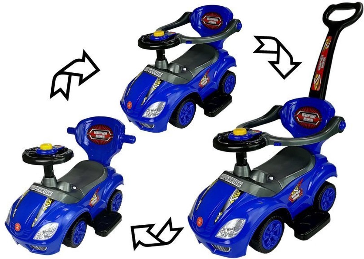 Mega Car 3 in 1 loopauto met duwstang Groeit mee met je kind Blauw