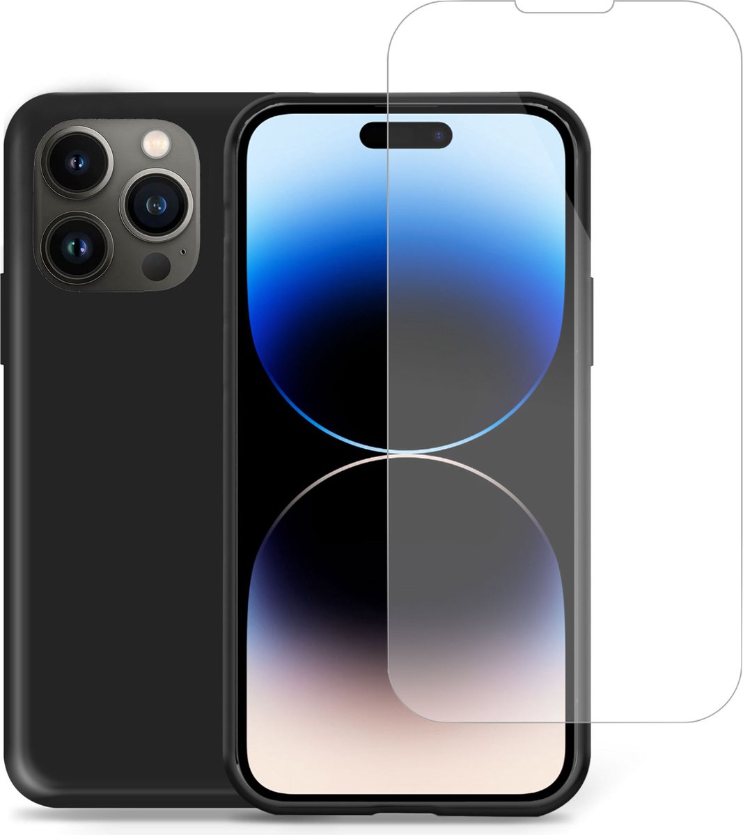 Geschikt voor iPhone 14 Pro Hoesje + Screenprotector – Gehard Glas Cover - Suède Case Zwart