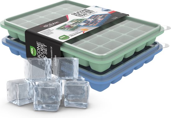 KitchenLove Siliconen IJsblokjesvorm met Deksel (2 Stuks) - 80 ijsblokjes - Vierkant - BPA Vrij - 100% Silicone - Groen & Blauw