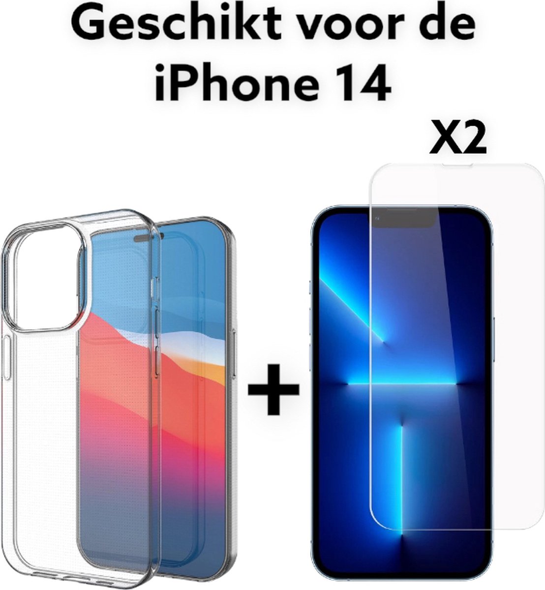 apple iphone 14 hoesje doorzichtig achterkant + 2x screenprotector- iphone 14 hoesje siliconen transparant back cover + 2x screen protector