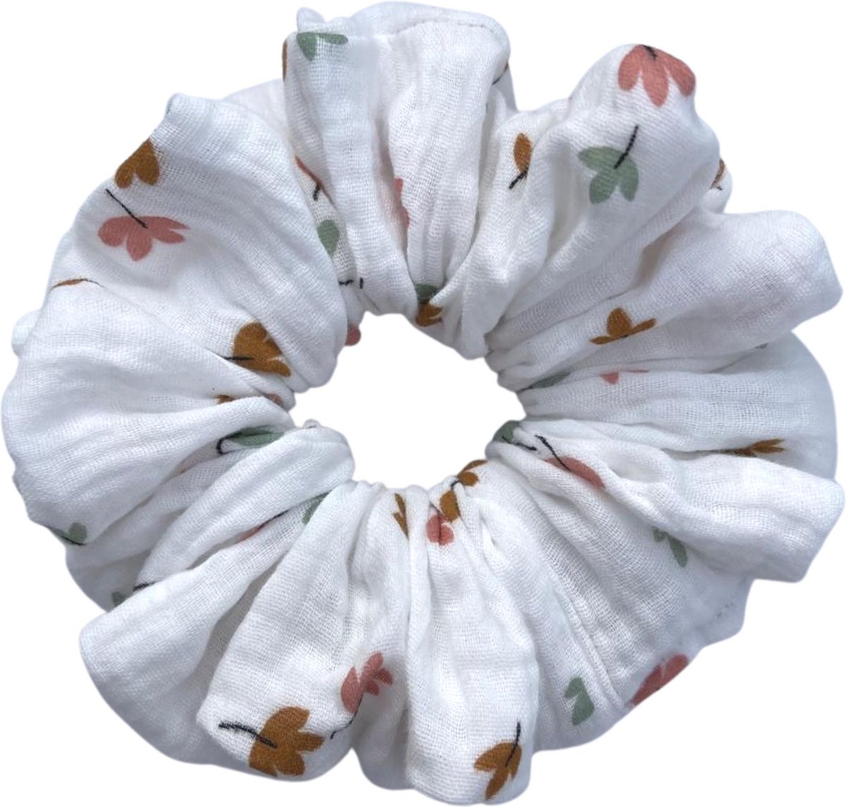 XL - Scrunchie - Handmade - Oversized - Wit met gekleurde bloemetjes - Diameter circa 16 cm - 100% Mousseline - Zacht voor je haar - Leuke variant voor haarelastiekjes - Haaraccessoires - haarwokkel - Fashiongoodiez.nl