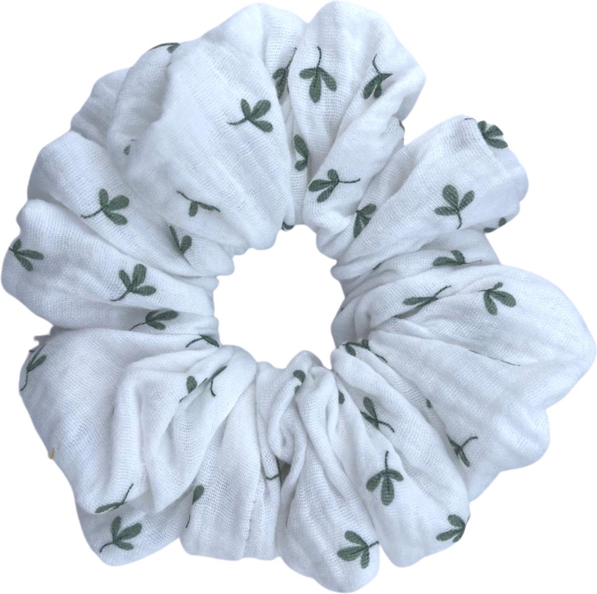 XL - Scrunchie - Handmade - Oversized - Wit met groene blaadjes - Diameter circa 16 cm - 100% Mousseline - Zacht voor je haar - Leuke variant voor haarelastiekjes - Haaraccessoires - haarwokkel - Fashiongoodiez.nl