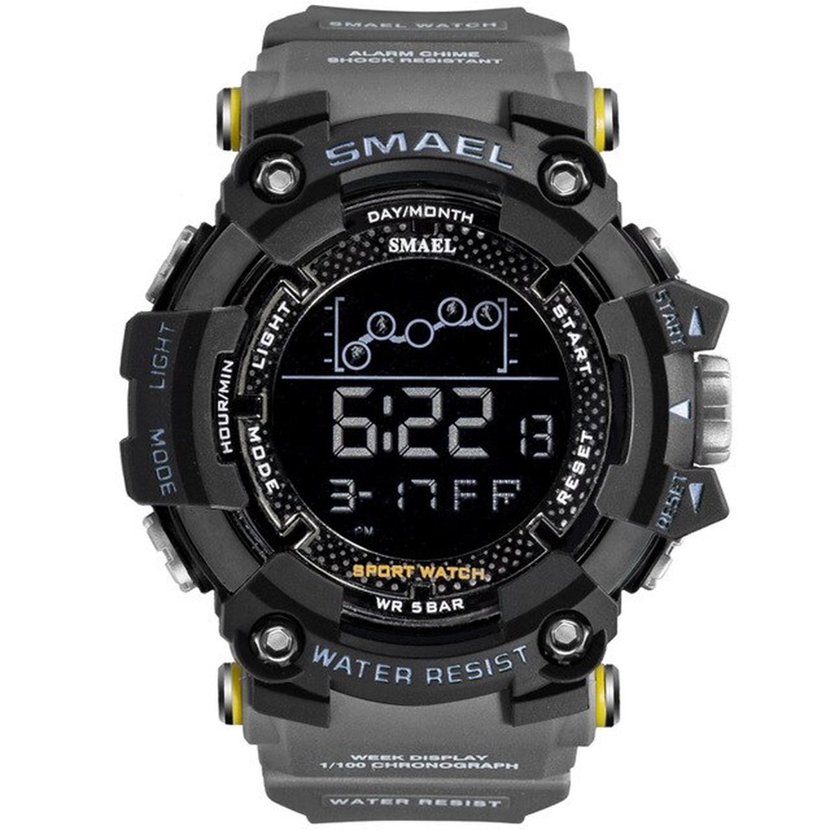 Digitaal Shockbestendig Horloge Zwart Grijs | Smael | Waterdicht 5ATM | Glow in dark | Mud Master | Mudmaster | Shock | Licht | Rubberen band | 1802 | Timer | Eyecatcher | Master | kado | Cadeau