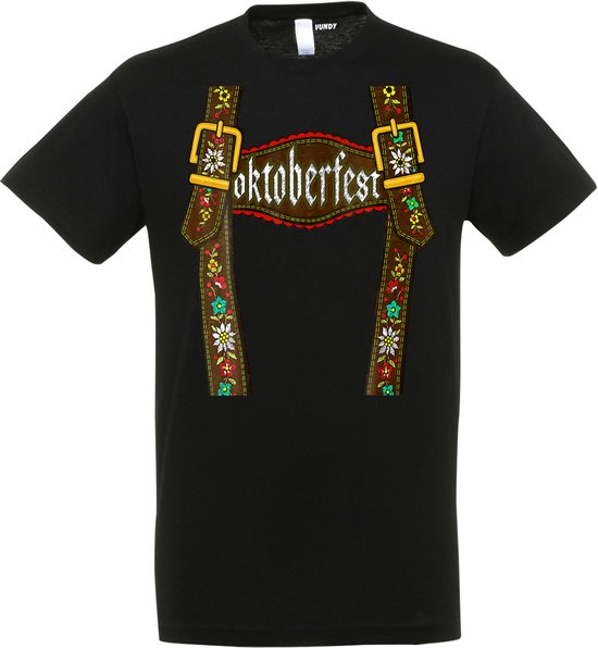 Zwarte T-shirt met nep-lederhosen, inclusief 'Oktoberfest'-tekst, geborduurde bloemen en gouden gespen.