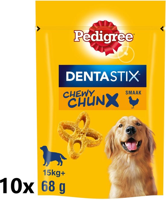 Pedigree Dentastix Chewy Chunx Maxi Kip hondensnacks, 10x68g verpakking met een lachende golden retriever.
