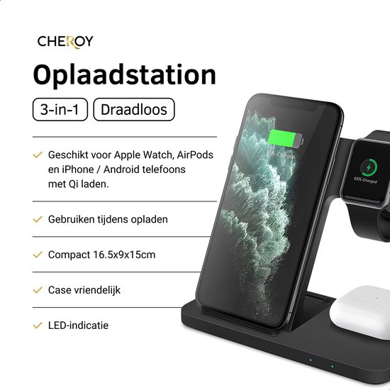 Chéroy 3-in-1 Draadloze Oplader - Zwart - 15W Qi Oplaadstation - Geschikt voor MagSafe iPhone, Apple Watch, AirPods - iOS & Android - Chéroy